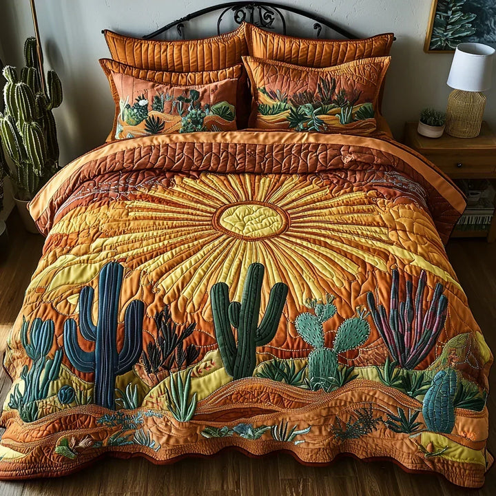 3-Piece Quilted Bedding Set - Sunrise Over the Cacti