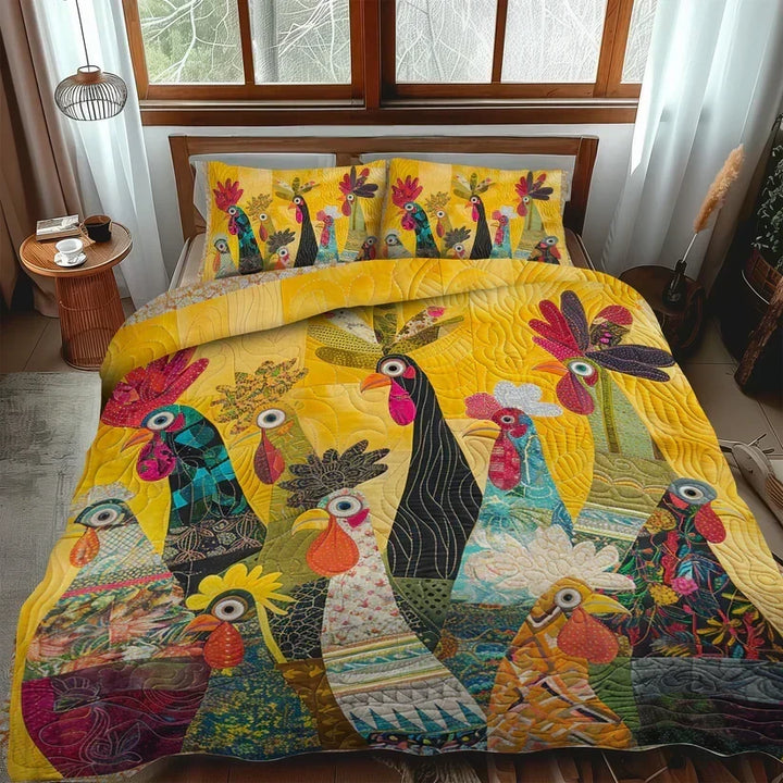 3-Piece Quilted Bedding Set - Morning Rooster
