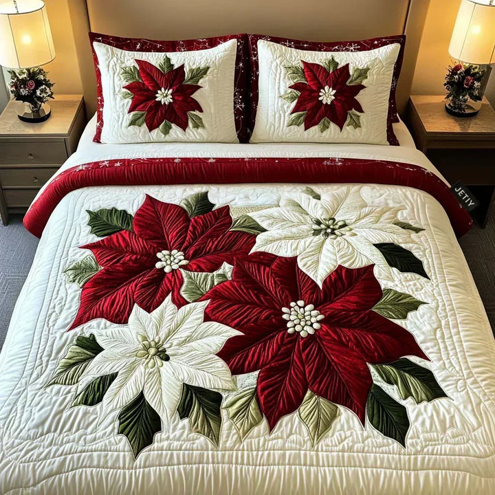 3-Piece Quilted Bedding Set - Winter Poinsettias